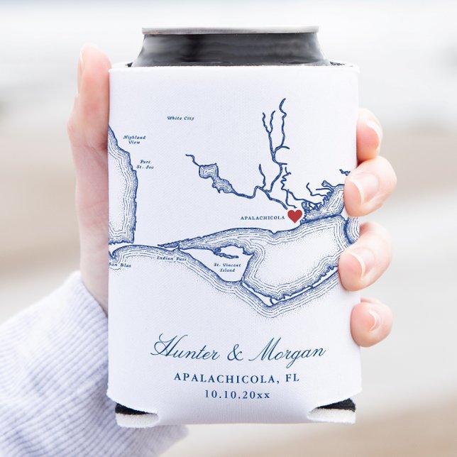 Apalachicola Florida Map Wedding Favor Can Cooler (Apalachicola Wedding Favor Can Coozie with Elegant navy blue Florida map from Coastal Map Designs)