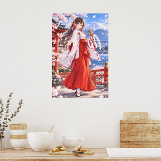 apanese Shrine Maiden Anime Art – Traditional Miko Poster