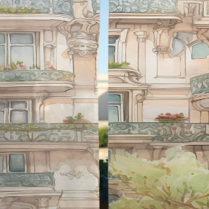 Apartment Building Watercolor City Scape Sheer Curtains