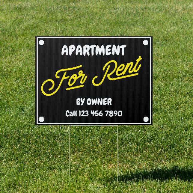 Apartment For Rent White Text Yellow Script Black Sign (Insitu)