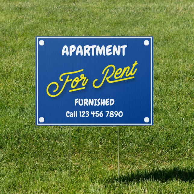 Apartment For Rent White Text Yellow Script Blue Sign (Insitu)