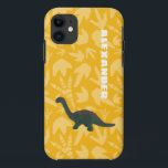 Apatosaurus Toy Dinosaur Green and Yellow iPhone 11 Case<br><div class="desc">Create a personalized gift that's perfect for dinosaur fans young and old. This cell or mobile phone case features a photo of a plastic toy apatosaurus dinosaur in green with rust red accents set against a bright yellow background featuring a pattern of fossils of dinosaur footprints. Add your own name...</div>