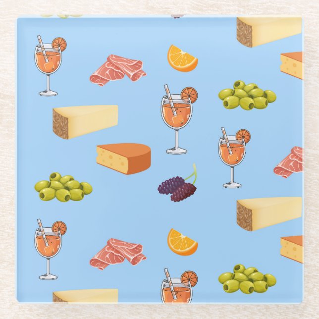 Aperol and Cheese Pattern Glass Coaster (Front)