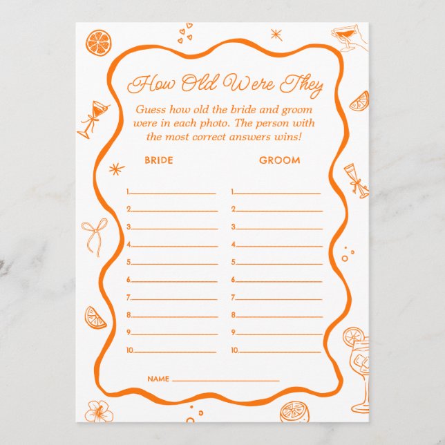 Aperol Spritz Bridal Shower Guess Age Game Card (Front)