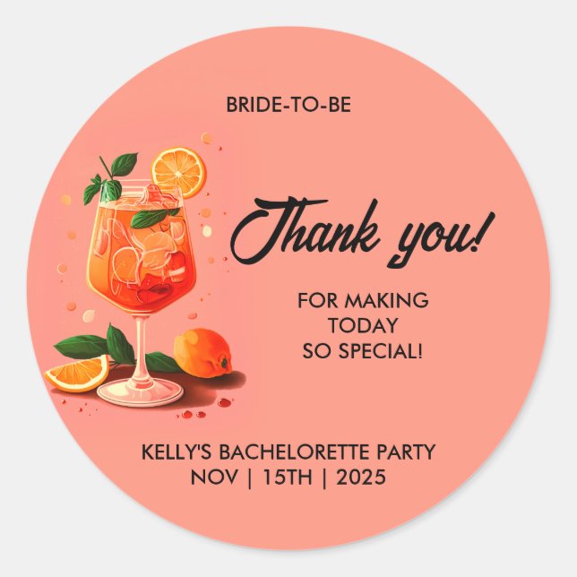 Aperol Spritz Drink Bachelorette Party Classic Round Sticker (Front)