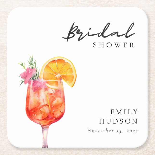 Aperol Spritz Floral Bridal Shower Invitation Square Paper Coaster (Front)