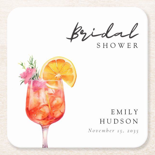 Aperol Spritz Floral Bridal Shower Square Paper Coaster (Front)