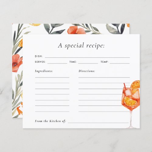 Aperol Spritz Floral Watercolor Bridal Recipe Card