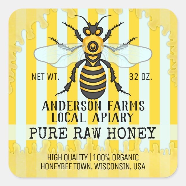 Apiary Bee Honey Jar Labels | Honeybee Striped (Front)