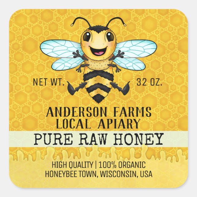 Apiary Honey Bee | Happy Honeybee Honeycomb Jar Square Sticker (Front)