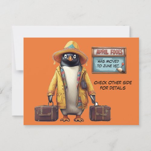 Apil fools day penguin with suitcases  postcard