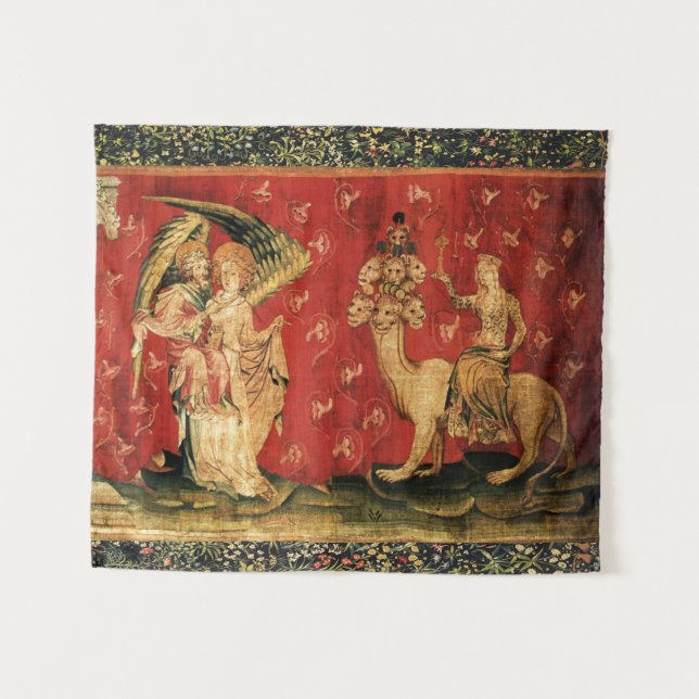 APOCALIPCE Angels and Harlot Seated on Beast, Red Tapestry (Front (Horizontal))