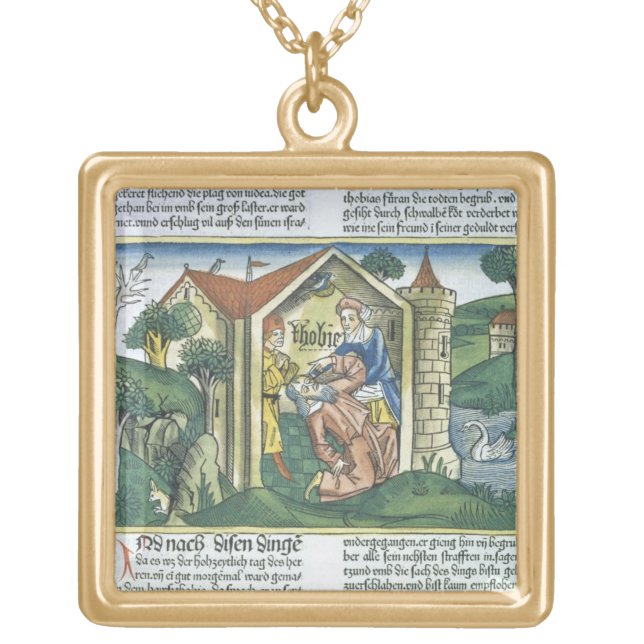 Apocrypha: Tobit is blinded by sparrow's droppings Gold Plated Necklace (Front)