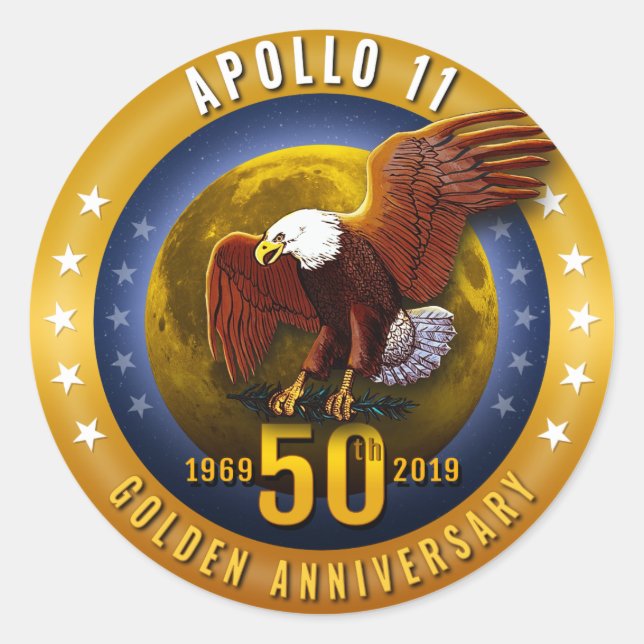 Apollo 11 50th Anniversary Golden Eagle and Moon - Classic Round Sticker (Front)