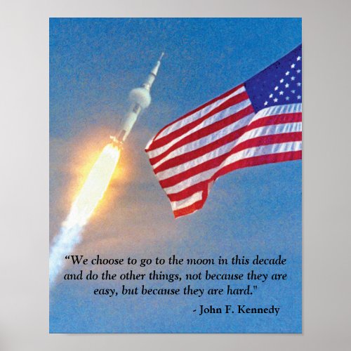 Apollo 11 Launch With American Flag JFK Quote Poster