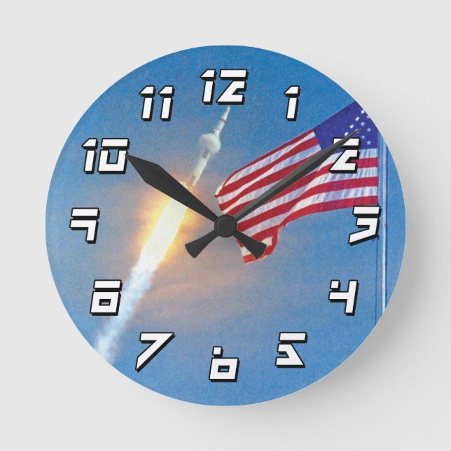 Apollo 11 launch with American Flag Round Clock (Front)