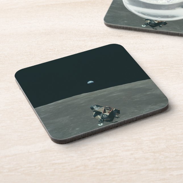 Apollo Lunar Lander and Earthrise Over Moon     Beverage Coaster (Left Side)