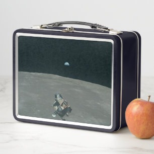 Apollo Lunar Lander and Earthrise Over Moon Metal Lunch Box