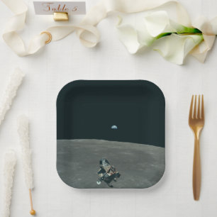 Apollo Lunar Lander and Earthrise Over Moon Paper Plates