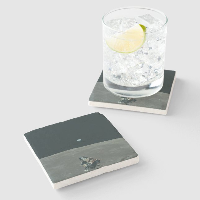 Apollo Lunar Lander and Earthrise Over Moon     Stone Coaster (Side)