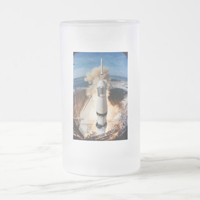 Apollo Saturn V Rocket launch to Moon 1969 Frosted Glass Beer Mug (Center)
