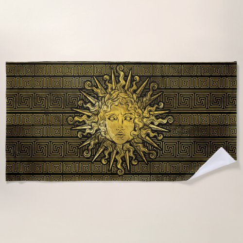 Apollo Sun Symbol on Greek Key Pattern Beach Towel