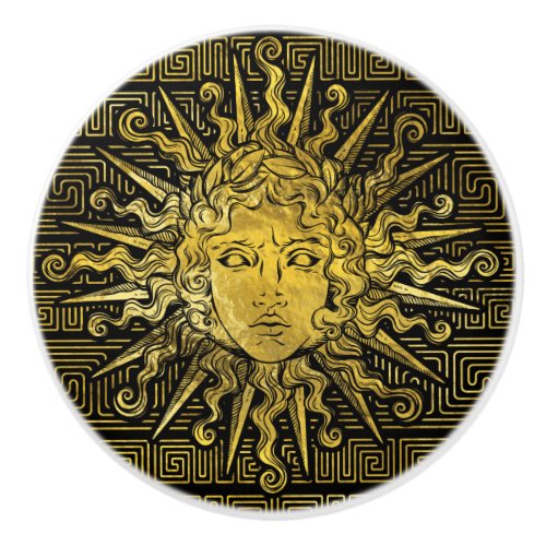 Apollo Sun Symbol on Greek Key Pattern Ceramic Knob