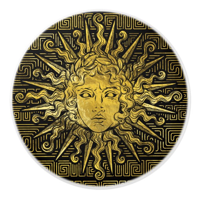 Apollo Sun Symbol on Greek Key Pattern Ceramic Knob (Front)