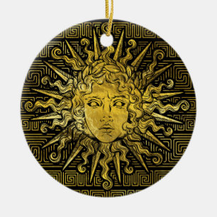 Apollo Sun Symbol on Greek Key Pattern Ceramic Ornament