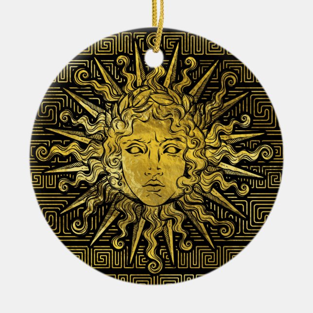 Apollo Sun Symbol on Greek Key Pattern Ceramic Ornament (Front)