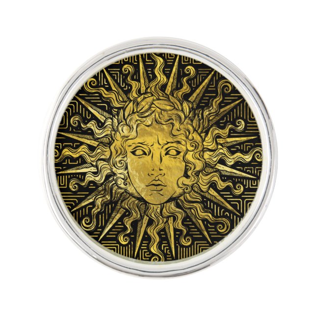 Apollo Sun Symbol on Greek Key Pattern Lapel Pin (Front)