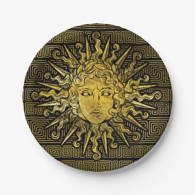 Apollo Sun Symbol on Greek Key Pattern Paper Plates (Front)