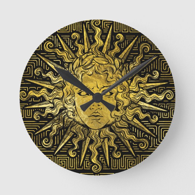 Apollo Sun Symbol on Greek Key Pattern Round Clock (Front)