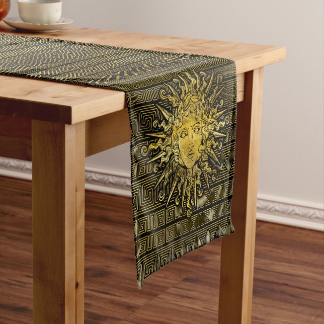 Apollo Sun Symbol on Greek Key Pattern Short Table Runner (In Situ)