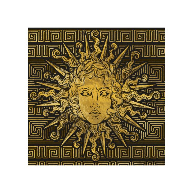 Apollo Sun Symbol on Greek Key Pattern Wood Wall Art (Front)