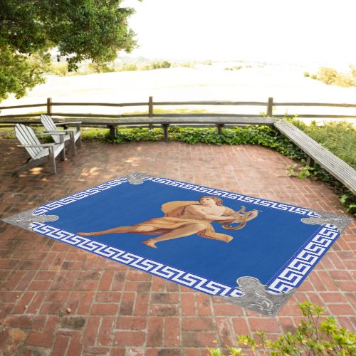 Apollo with Lyre with Greek Key in Meander Blue Outdoor Rug