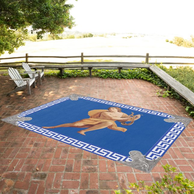 Apollo with Lyre with Greek Key in Meander Blue Outdoor Rug (Insitu (Outdoor 3))