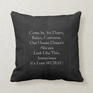 Apology for Messy House Funny Black Square Throw Pillow