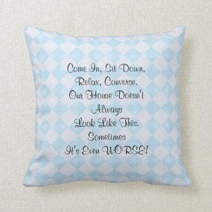 Apology for Messy House Retro Kitchy Blue Square Throw Pillow