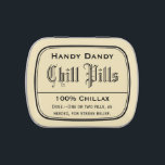 Apothecary Vintage Druggist Label Chill Pill Funny Jelly Belly Candy Tin<br><div class="desc">These humorous customizable candy tins filled with jelly beans or mints have a fun vintage look reminiscent of old medicine bottle labels. Something you might find at the apothecary or the druggist. Or a snake oil salesman might be selling at the fair or door to door. It says, "Handy Dandy...</div>