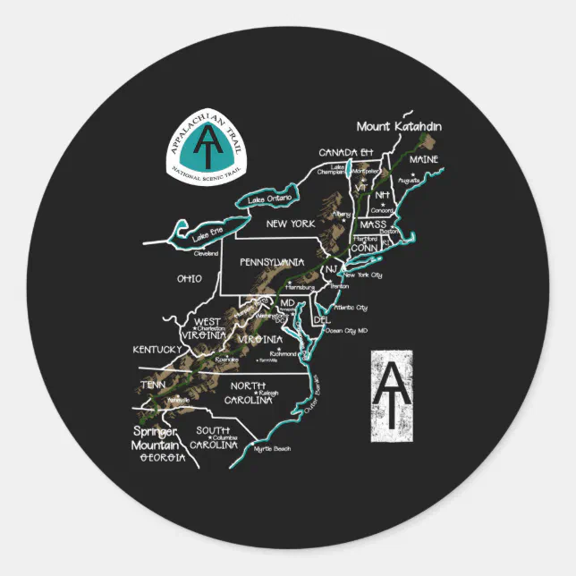 Trail Map Sticker Appalachian Trail Hiking Map Classic Round Sticker | Zazzle