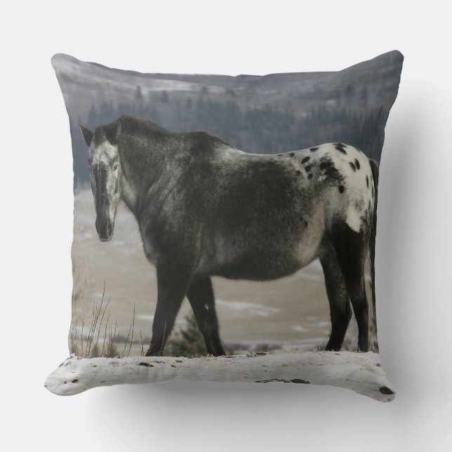 Appaloosa Horse in the Snow Throw Pillow (Front)