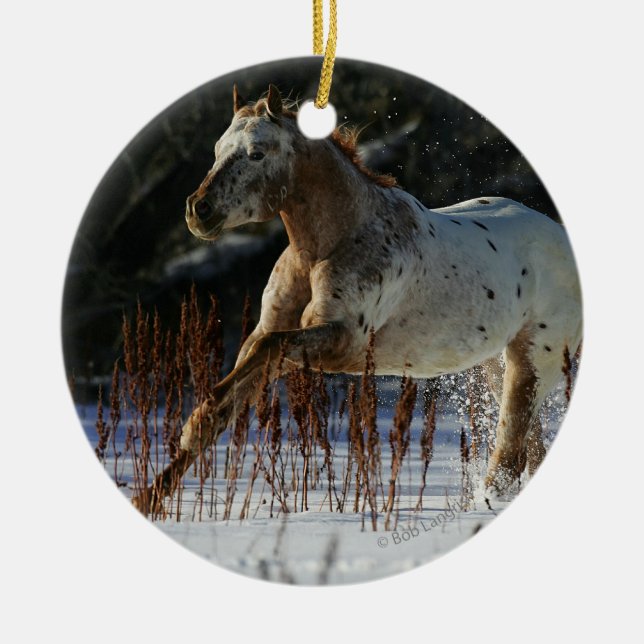 Appaloosa Horse Running in the Snow Ceramic Ornament (Front)