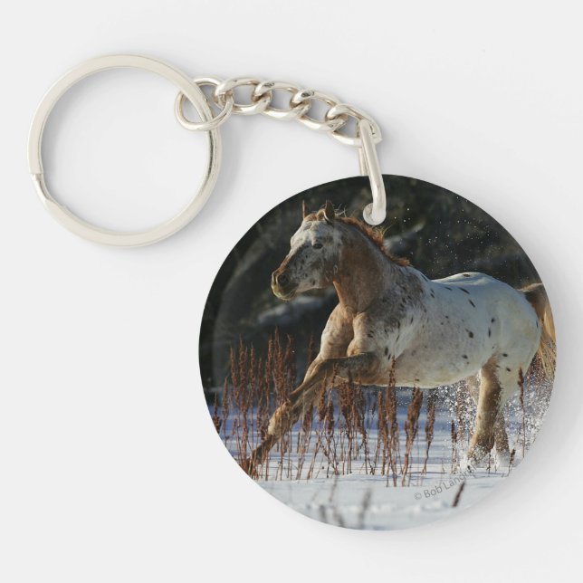 Appaloosa Horse Running in the Snow Keychain (Front)