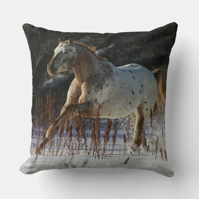 Appaloosa Horse Running in the Snow Throw Pillow (Front)