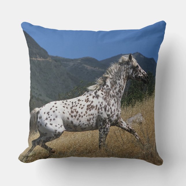 Appaloosa Horse Running up Mountain Throw Pillow (Front)