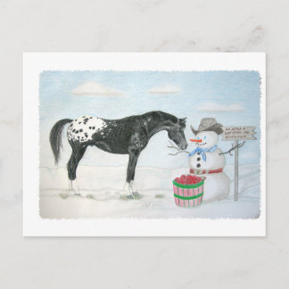 Appaloosa horse with snowman, rectangular postcard