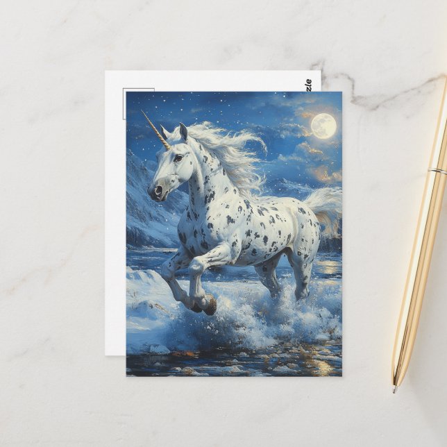 Appaloosa Unicorn on Moonlit Beach Postcard (Front/Back In Situ)
