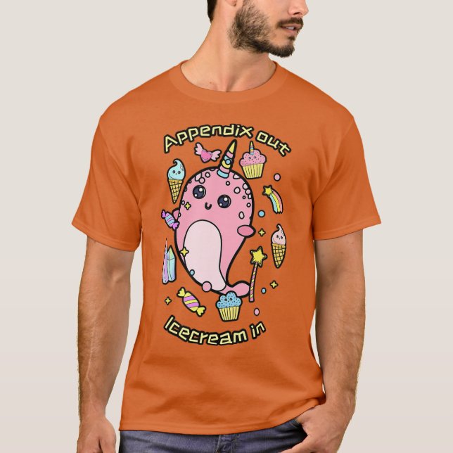 Appendix out Surgery Funny Fish Unicorn Rainbow T-Shirt (Front)