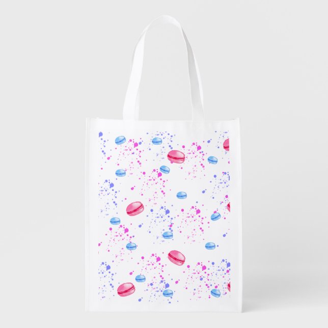 Appetizing macarons in watercolor splatters grocery bag (Front)